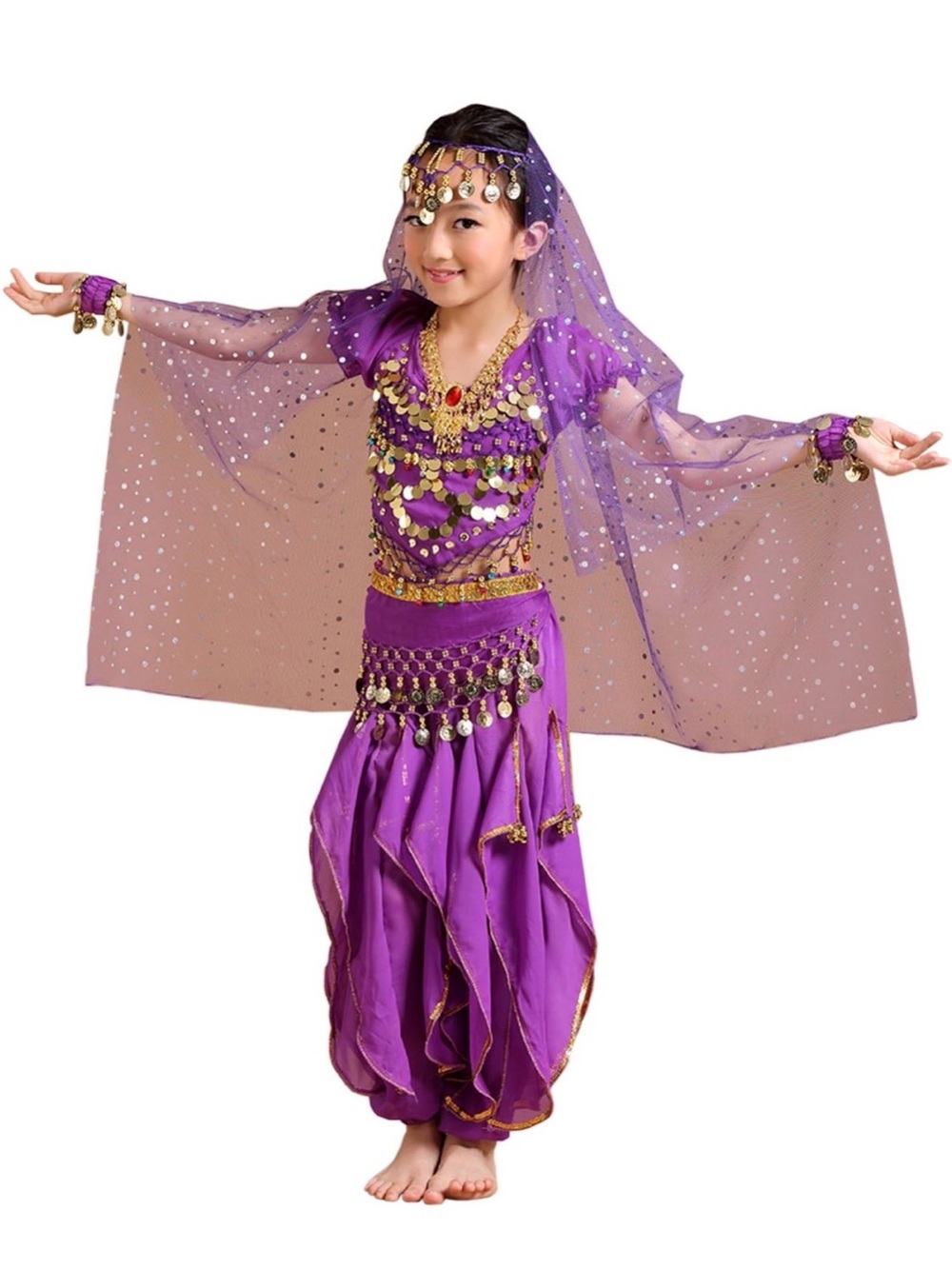 Girls Purple Belly Dance Costume Set with Veil and Coin Accents